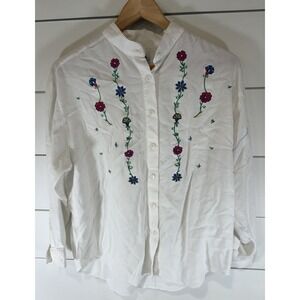 Vintage Embroidered Button‎ Down Up L Women's White Shirt Solutions Original